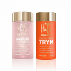 Two hair product bottles, one pink and one orange, on a white background.