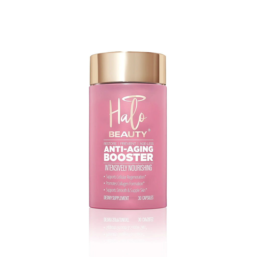 Pink anti-aging booster supplement bottle with gold cap on white background