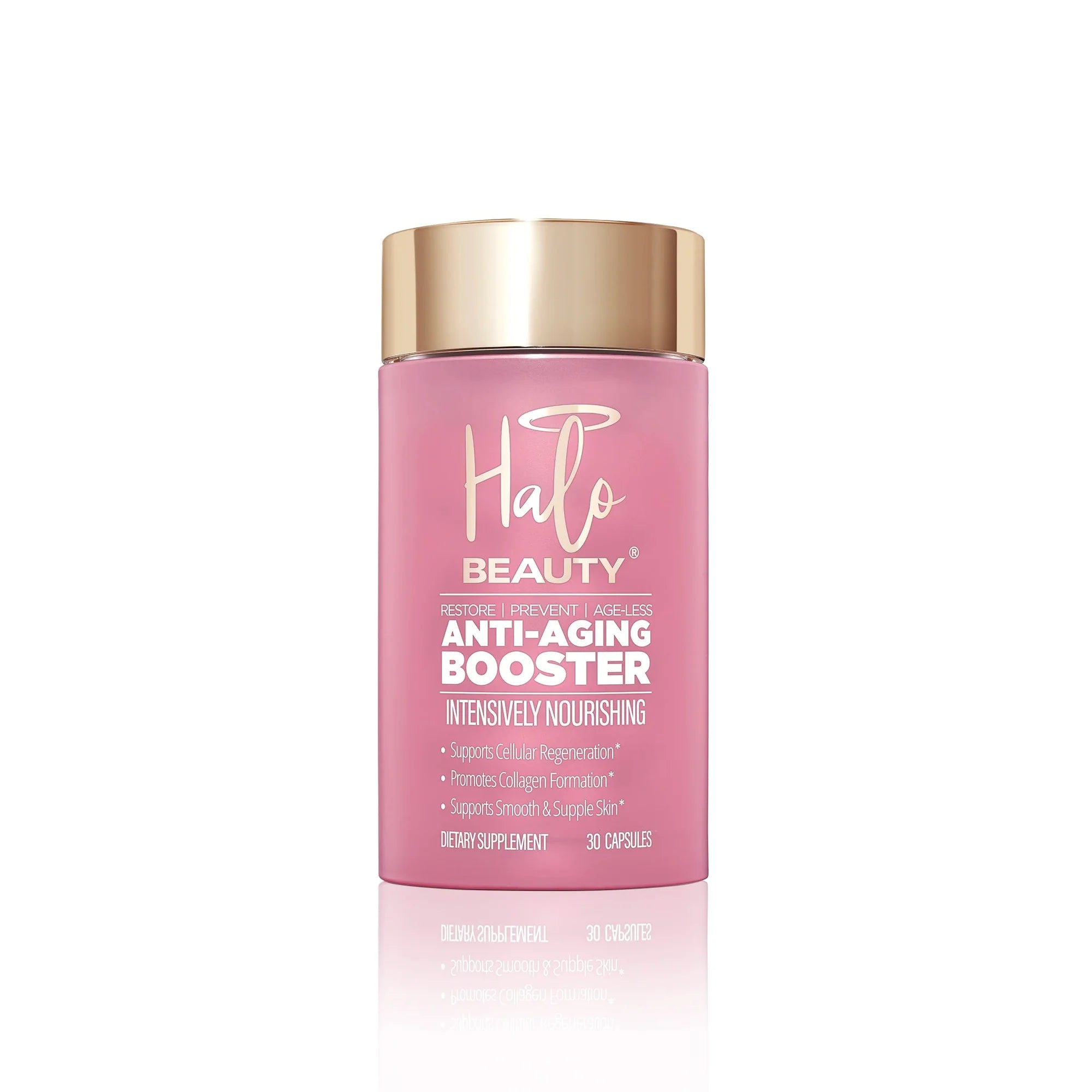 Pink anti-aging booster supplement bottle with gold cap on white background