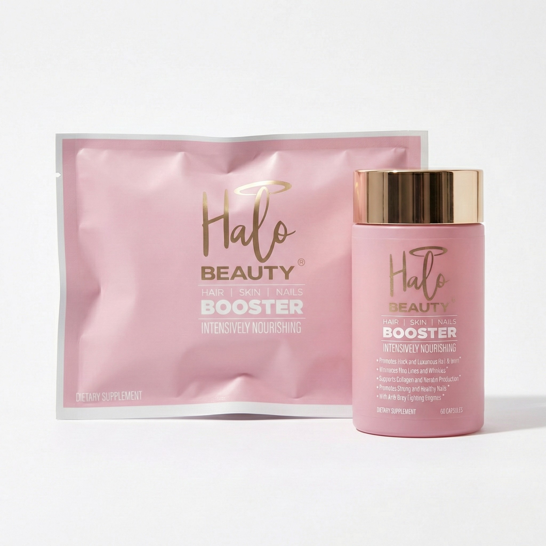 halo beauty hair skin and nails refill pack and supplement bottle on a light gray background