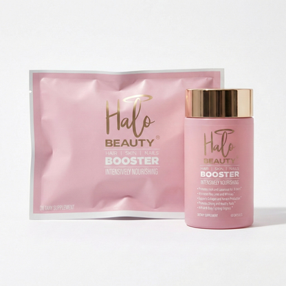 halo beauty hair skin and nails refill pack and supplement bottle on a light gray background