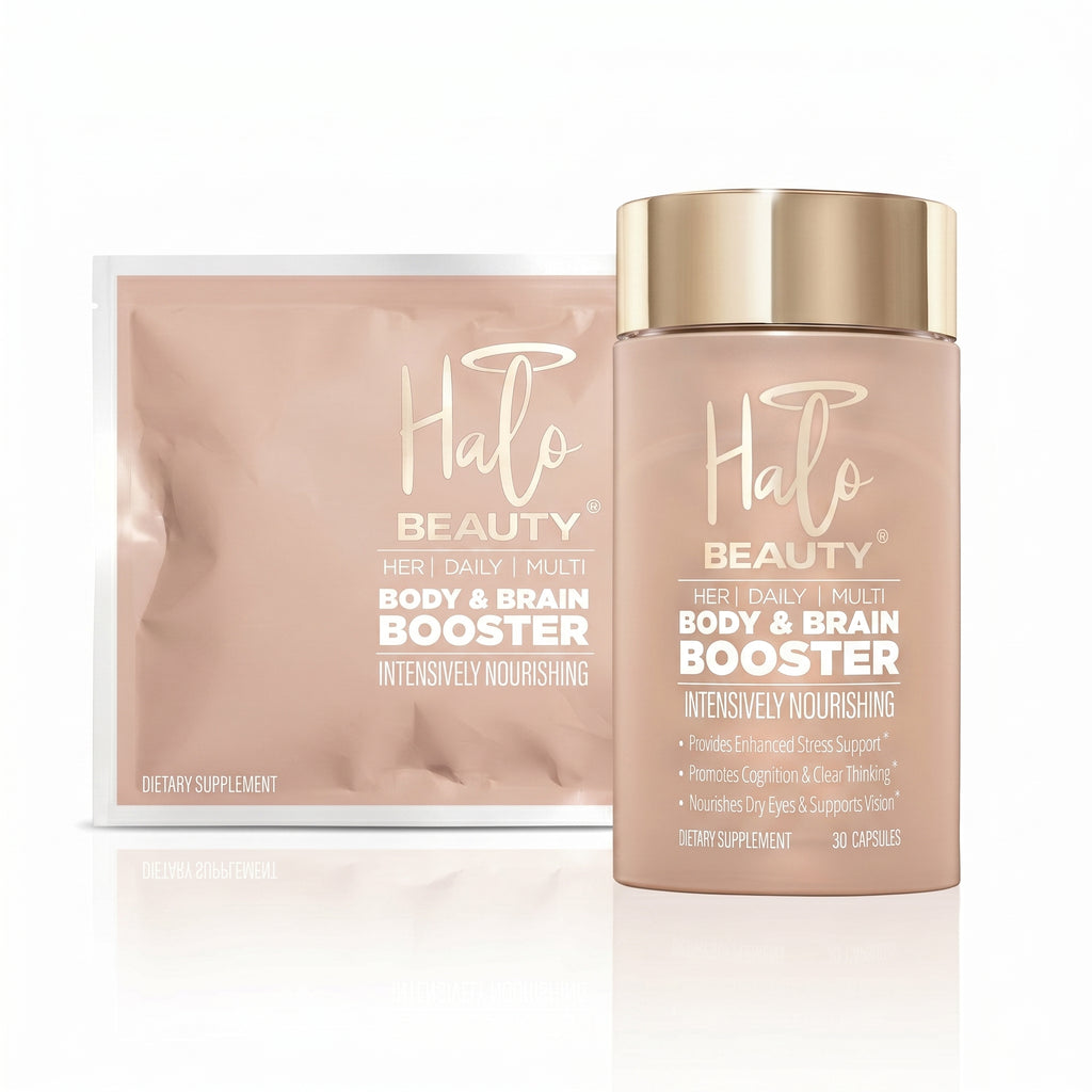 Halo Beauty Body & Brain Booster supplement bottle and packaging on a white background