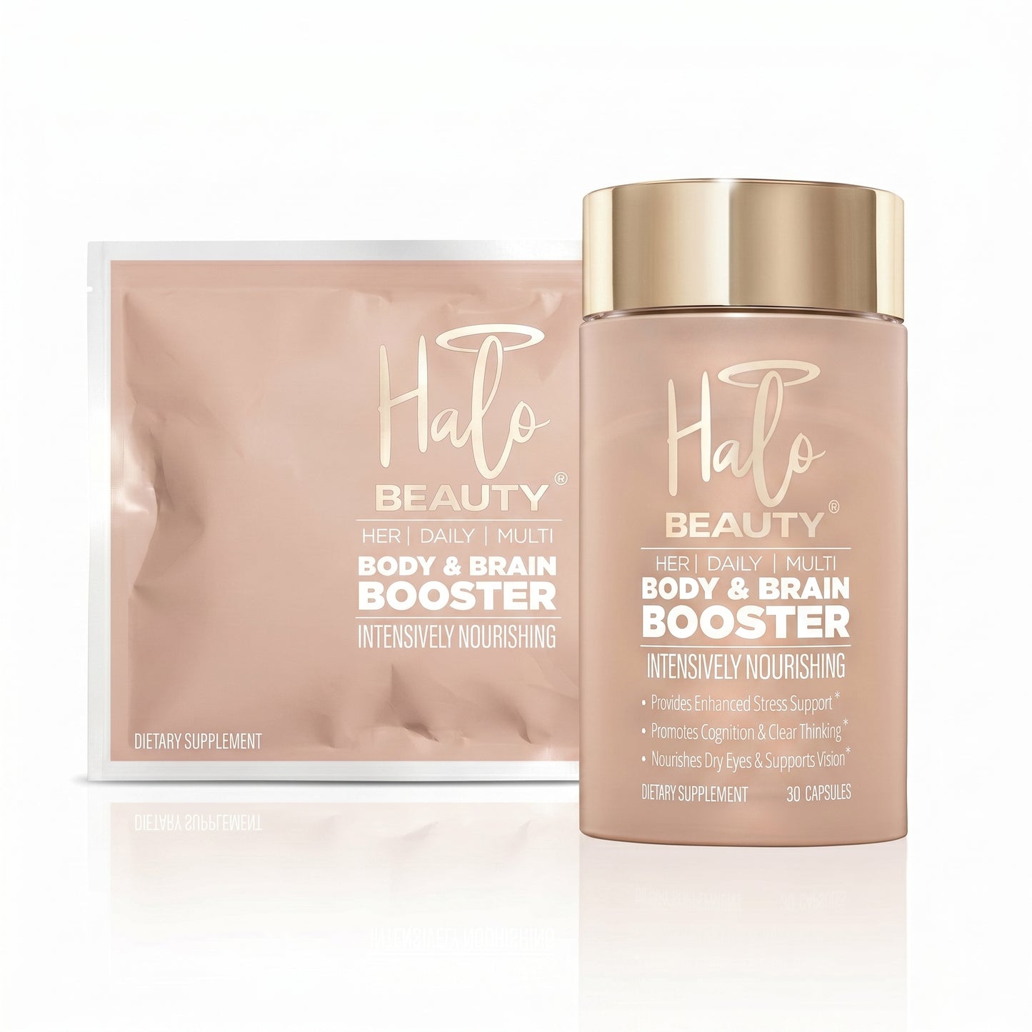 Halo Beauty Body & Brain Booster supplement bottle and packaging on a white background