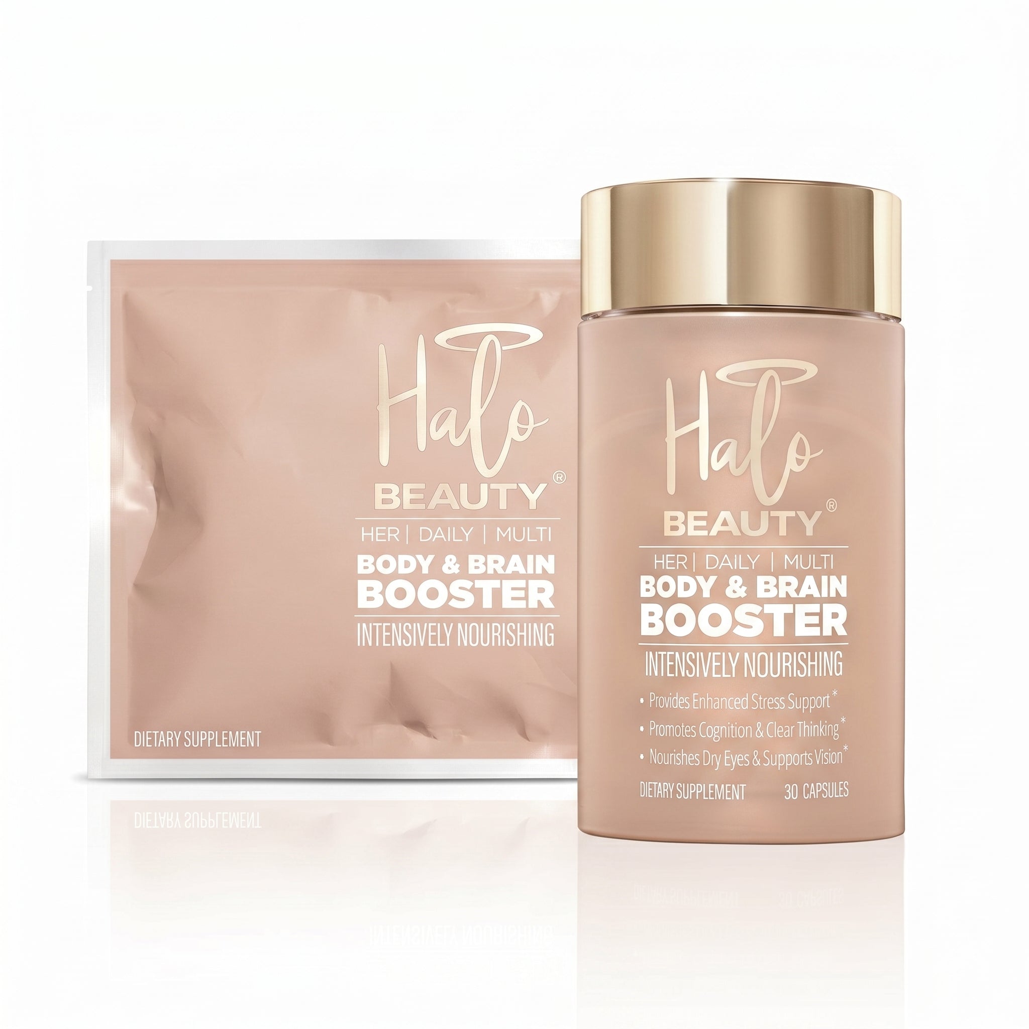 Halo Beauty Body & Brain Booster supplement bottle and packaging on a white background