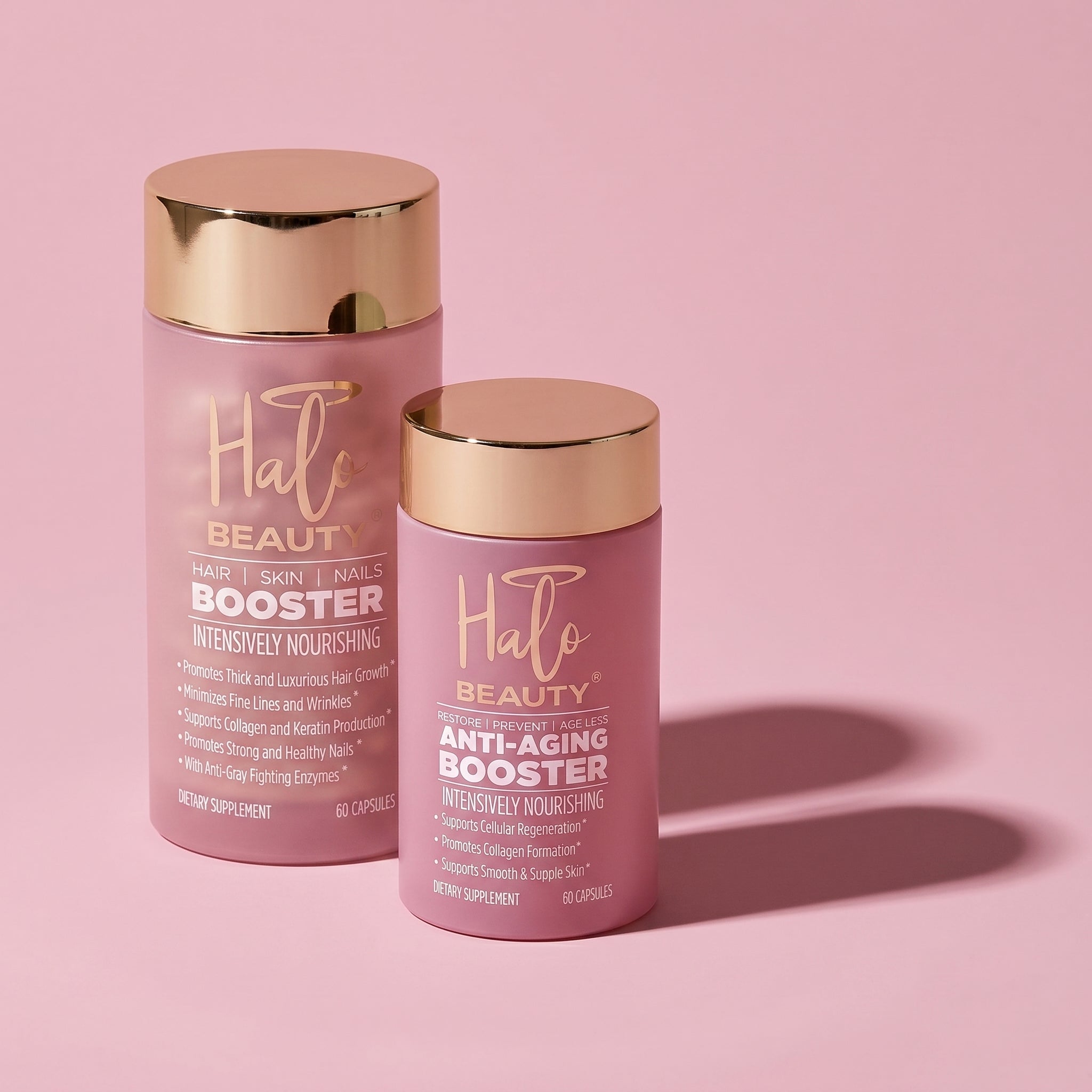 Two pink bottles with gold caps labeled 'Halo Beauty' on a pink background