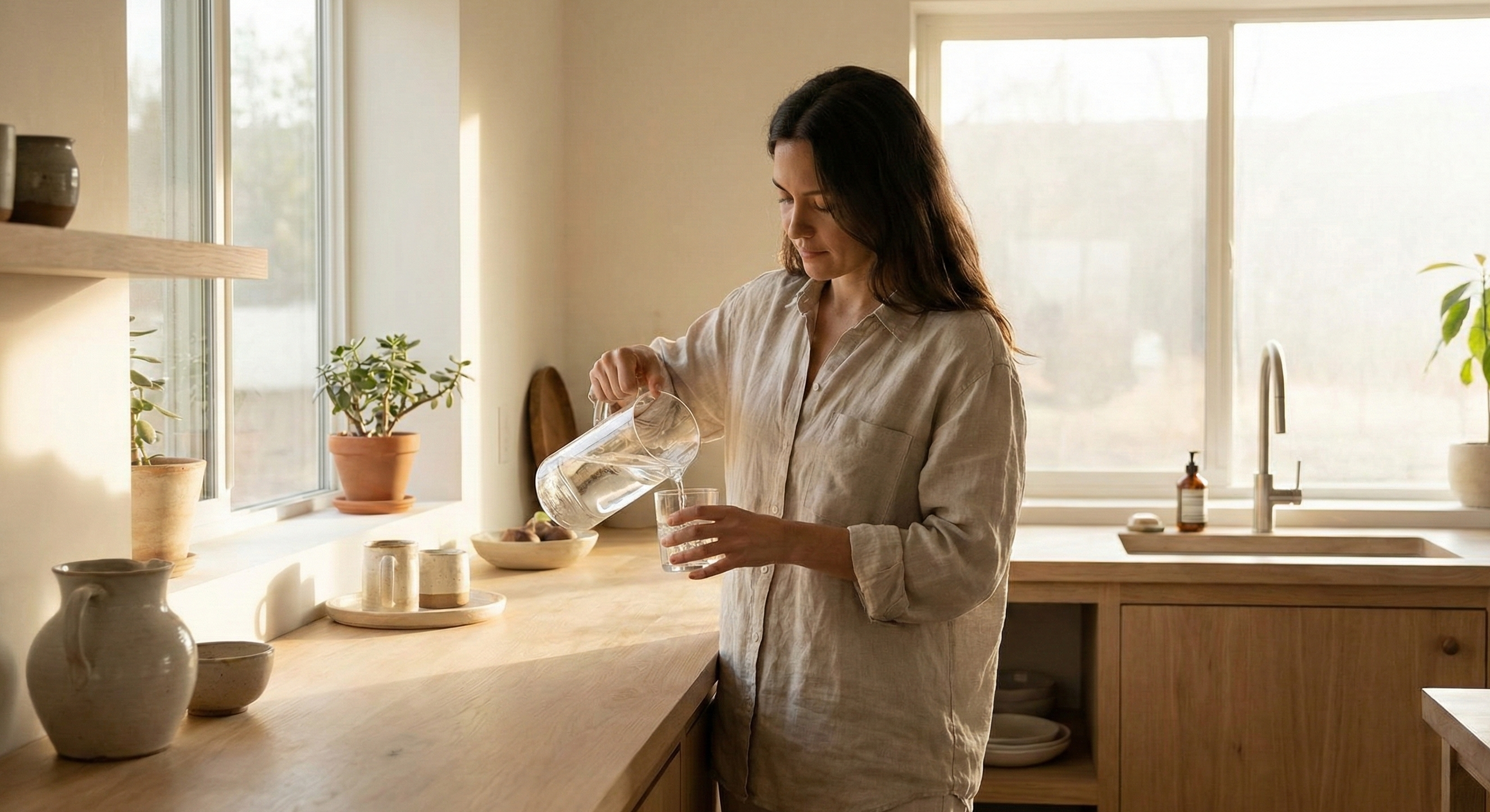 Warm soft-focus photo of a woman in gentle morning light holding a warm drink