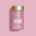 A pink bottle of Halo Beauty Anti-Aging Booster with a gold cap, labeled as a dietary supplement for skin nourishment.