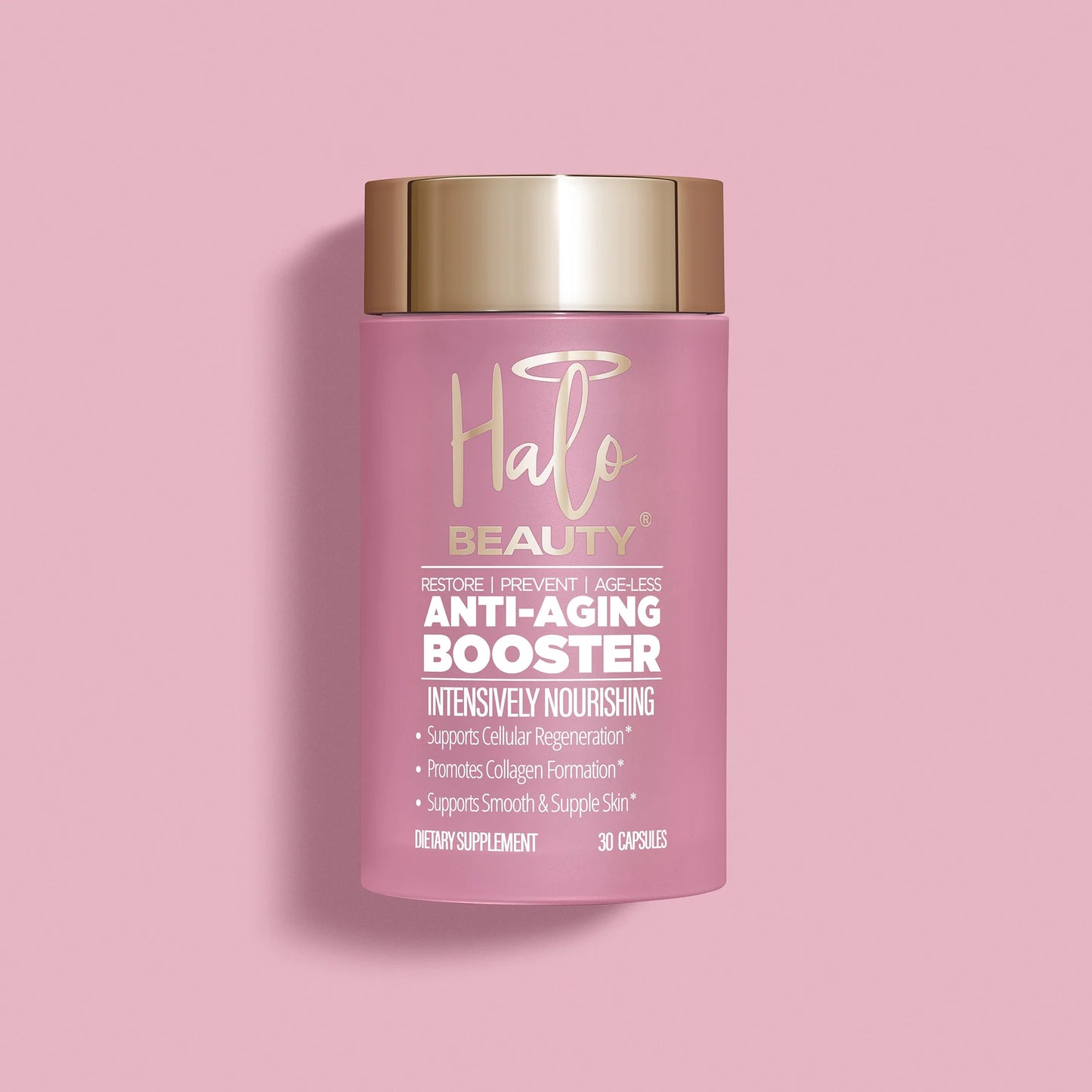 A pink bottle of Halo Beauty Anti-Aging Booster with a gold cap, labeled as a dietary supplement for skin nourishment.