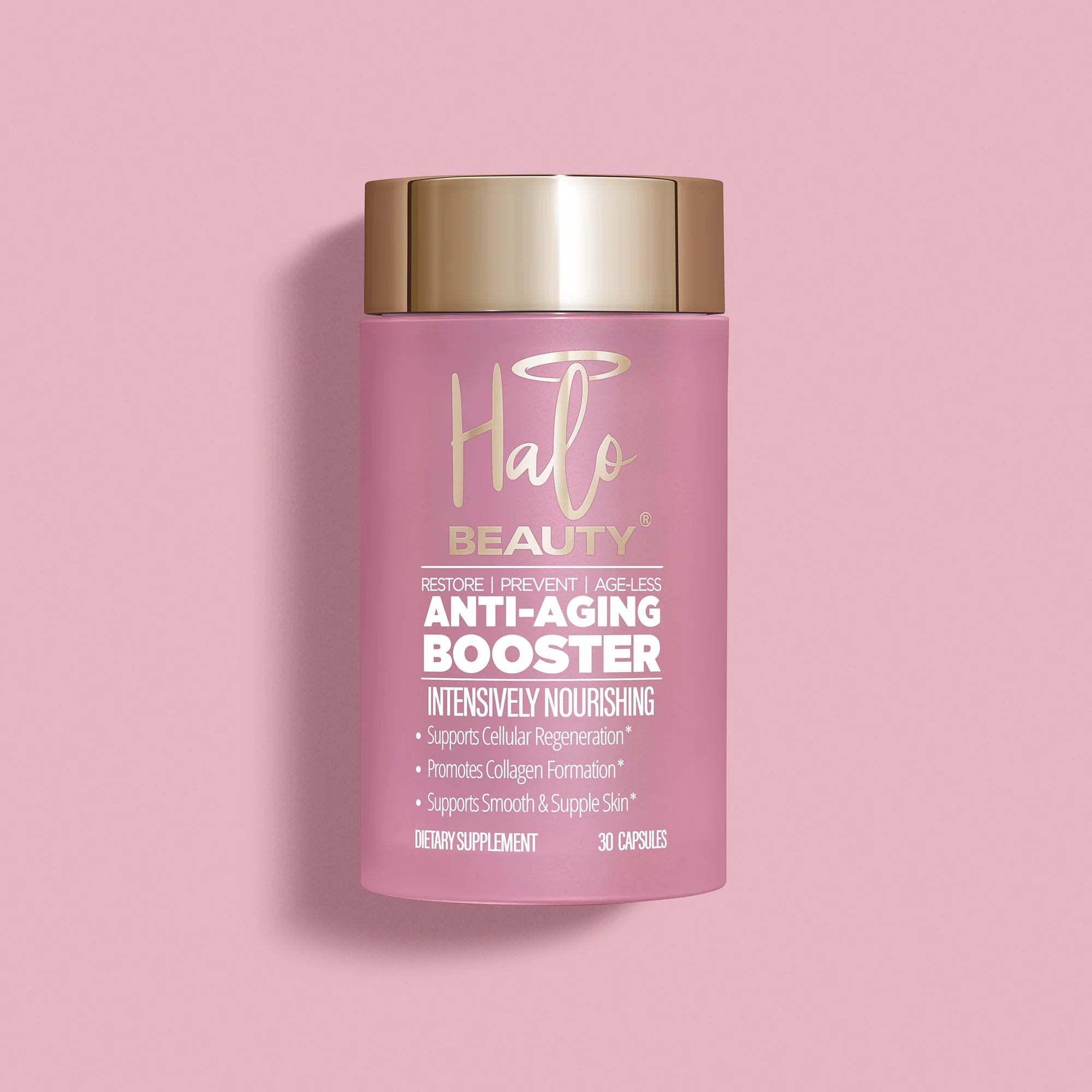 A pink bottle of Halo Beauty Anti-Aging Booster with a gold cap, labeled as a dietary supplement for skin nourishment.