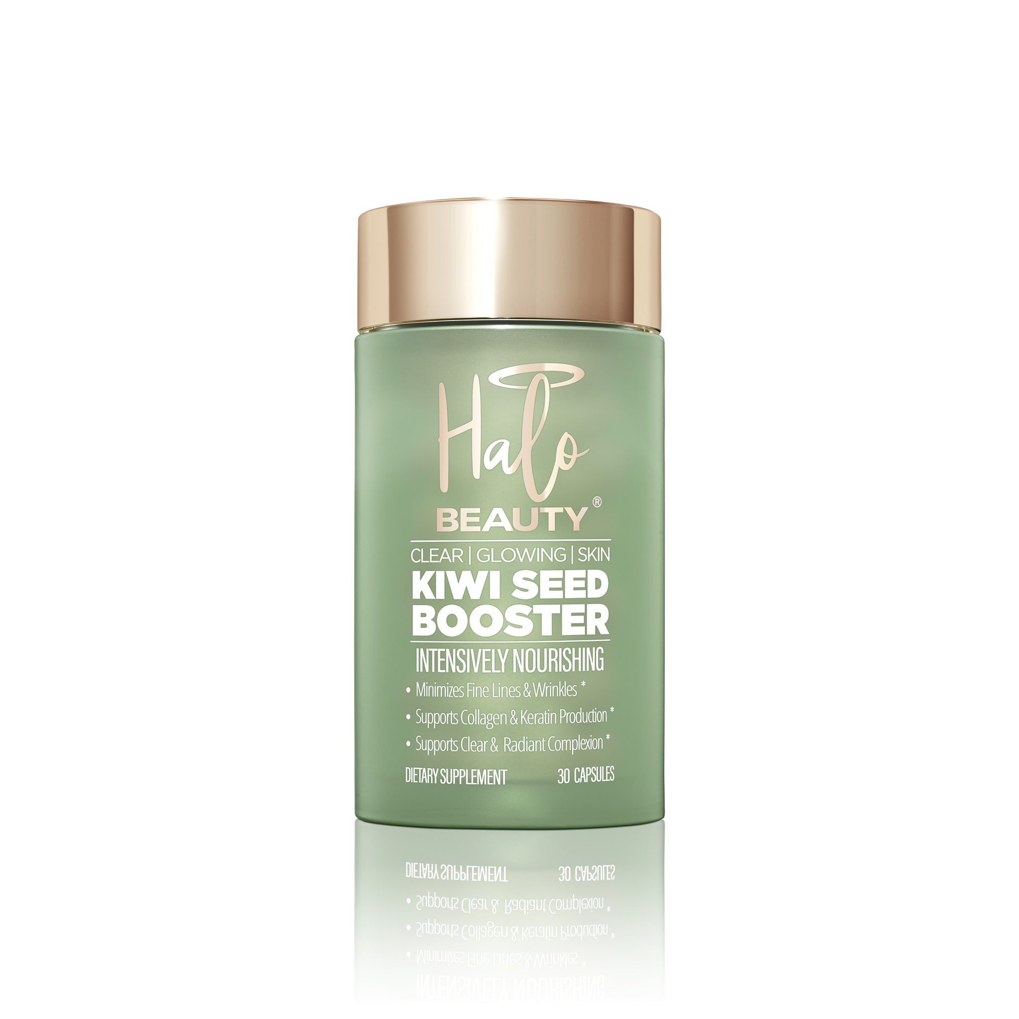 A bottle of Halo Beauty Kiwi Skin Booster supplement against a white background.