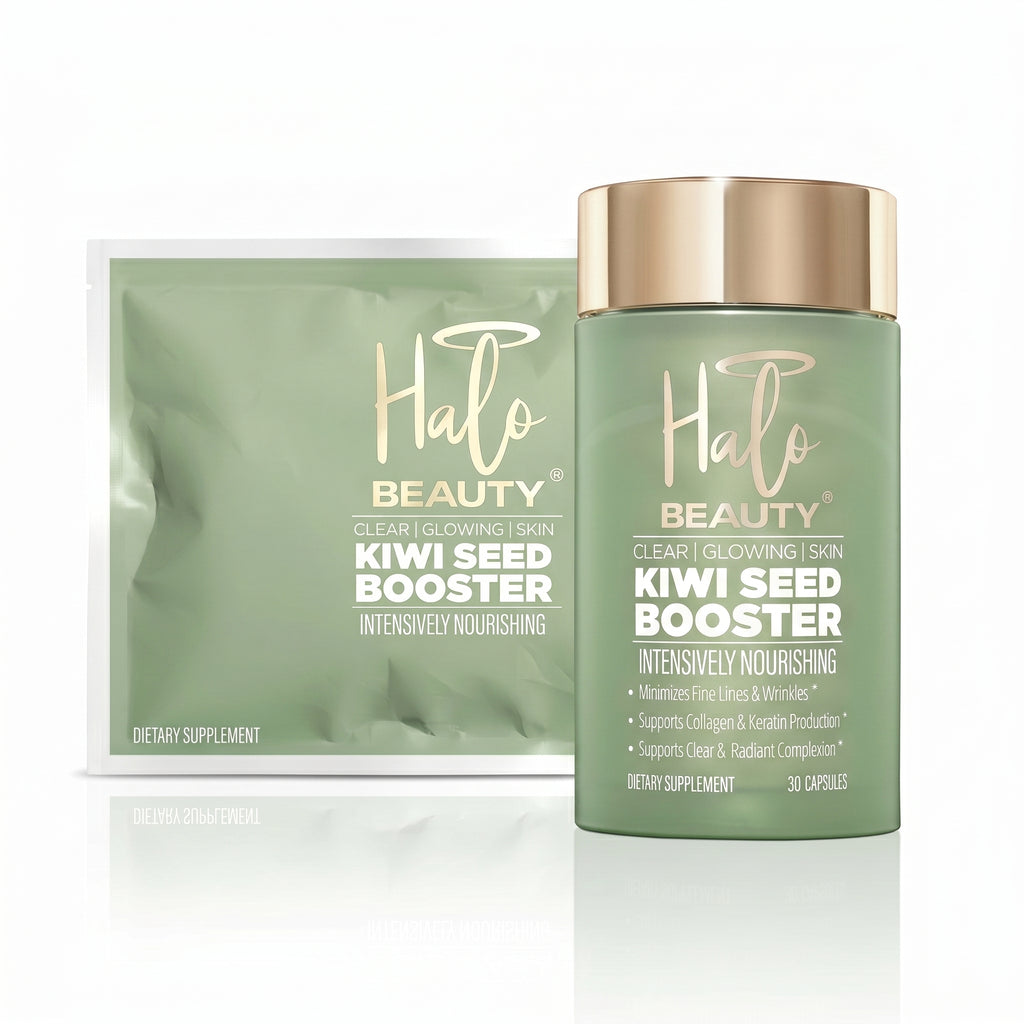 Halo Beauty Kiwi Seed Booster supplement bottle and packaging on a white background