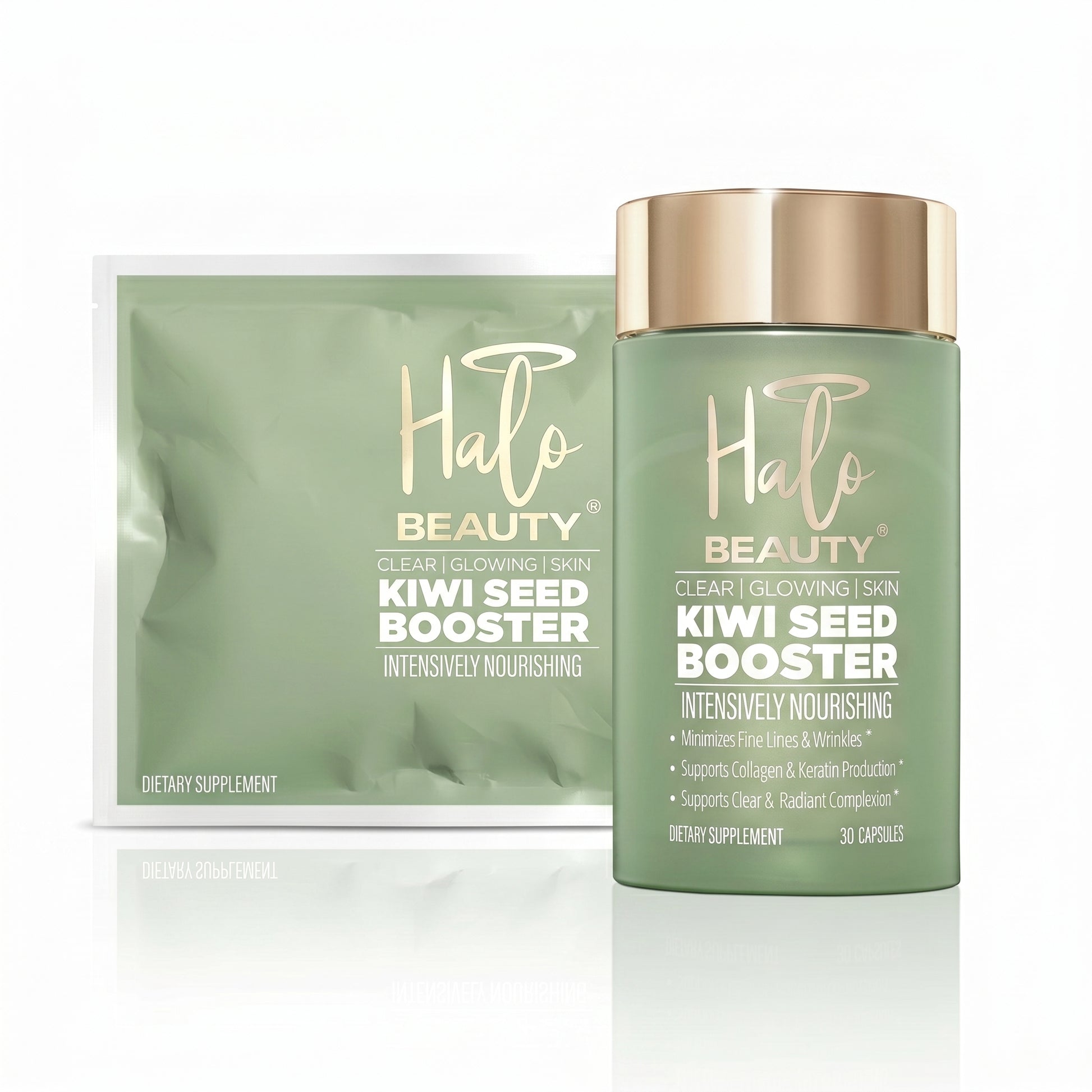 Halo Beauty Kiwi Seed Booster supplement bottle and packaging on a white background