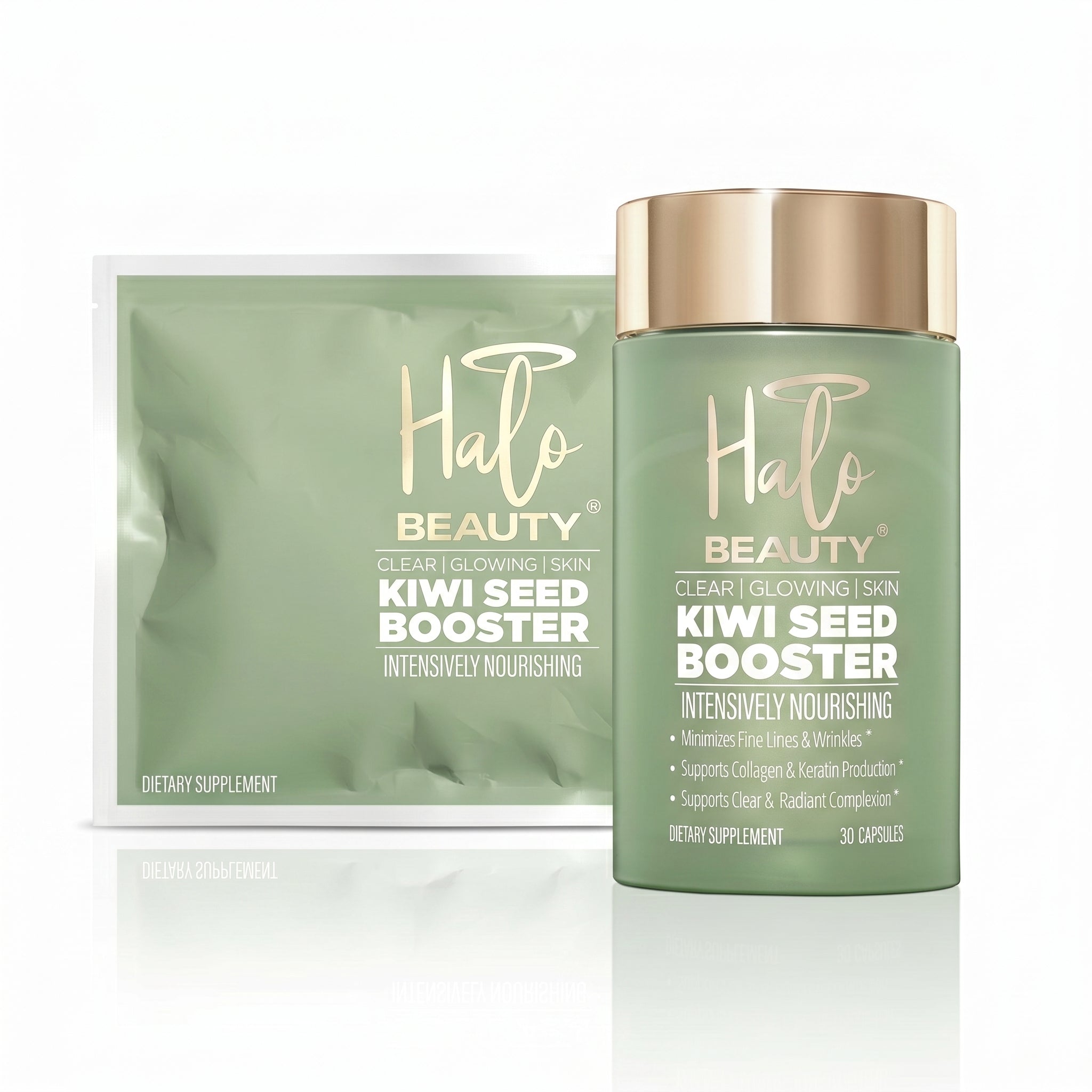 Halo Beauty Kiwi Seed Booster supplement bottle and packaging on a white background