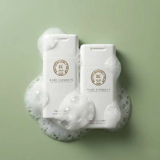 Two bottles of 'Rare Elements' on a green background