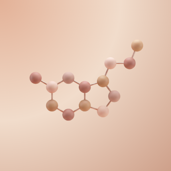 Soft 3D abstract serotonin molecule made of smooth spheres connected by thin rods, rendered in warm blush and nude tones, floating on a peach gradient background.