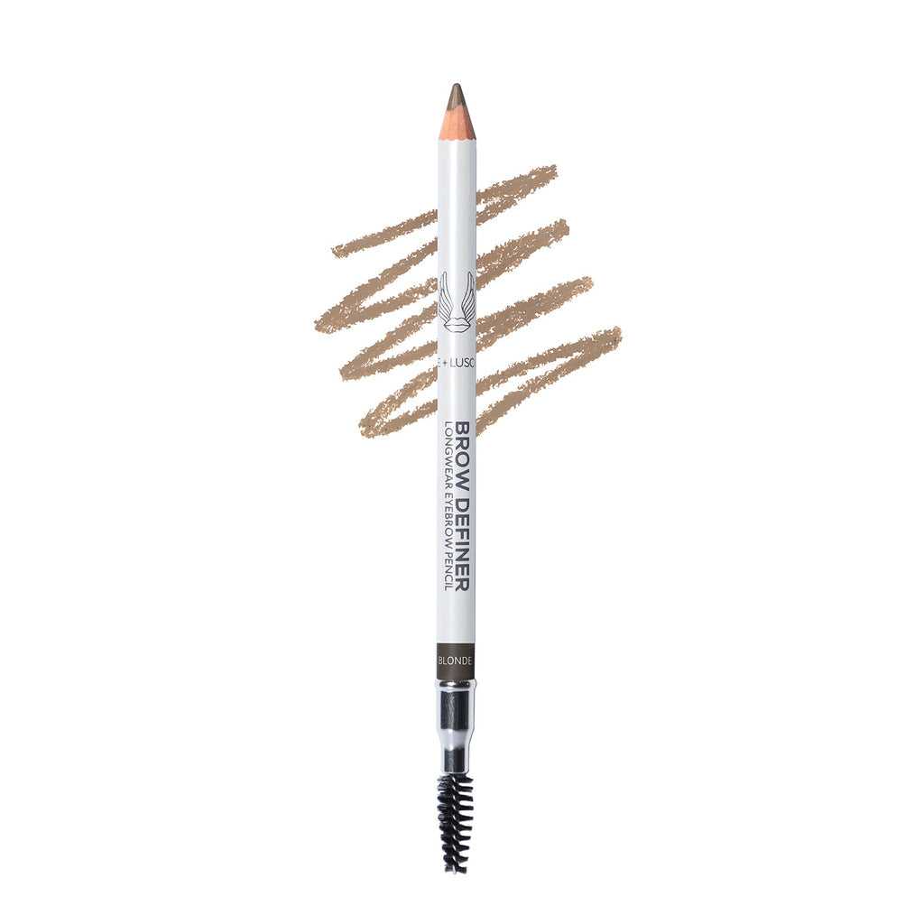 Eyebrow definer pencil with brown strokes on a white background