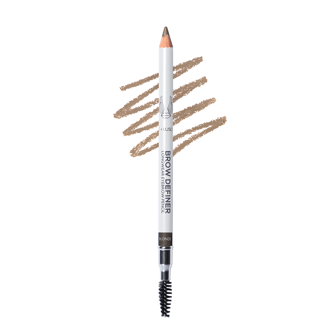 Brow definer pencil with brown strokes on a white background