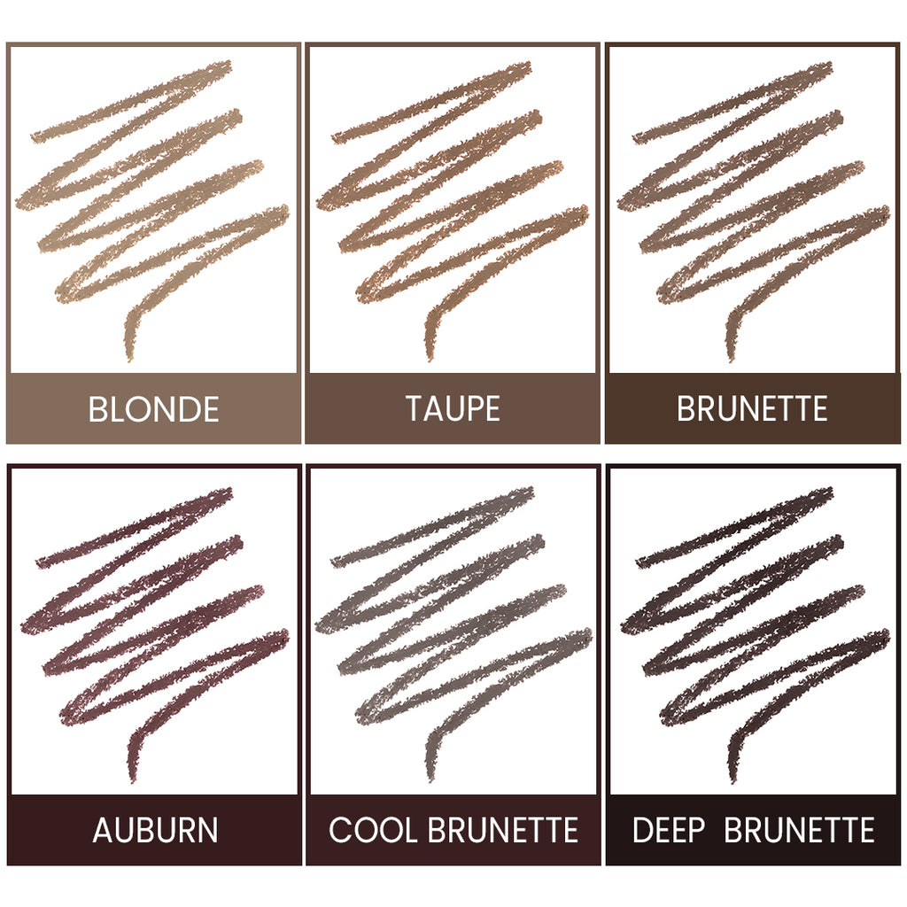 Color swatches for blonde, taupe, brunette, auburn, cool brunette, and deep brunette on a white background.