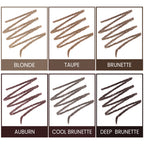 Color swatches for blonde, taupe, brunette, auburn, cool brunette, and deep brunette on a white background.