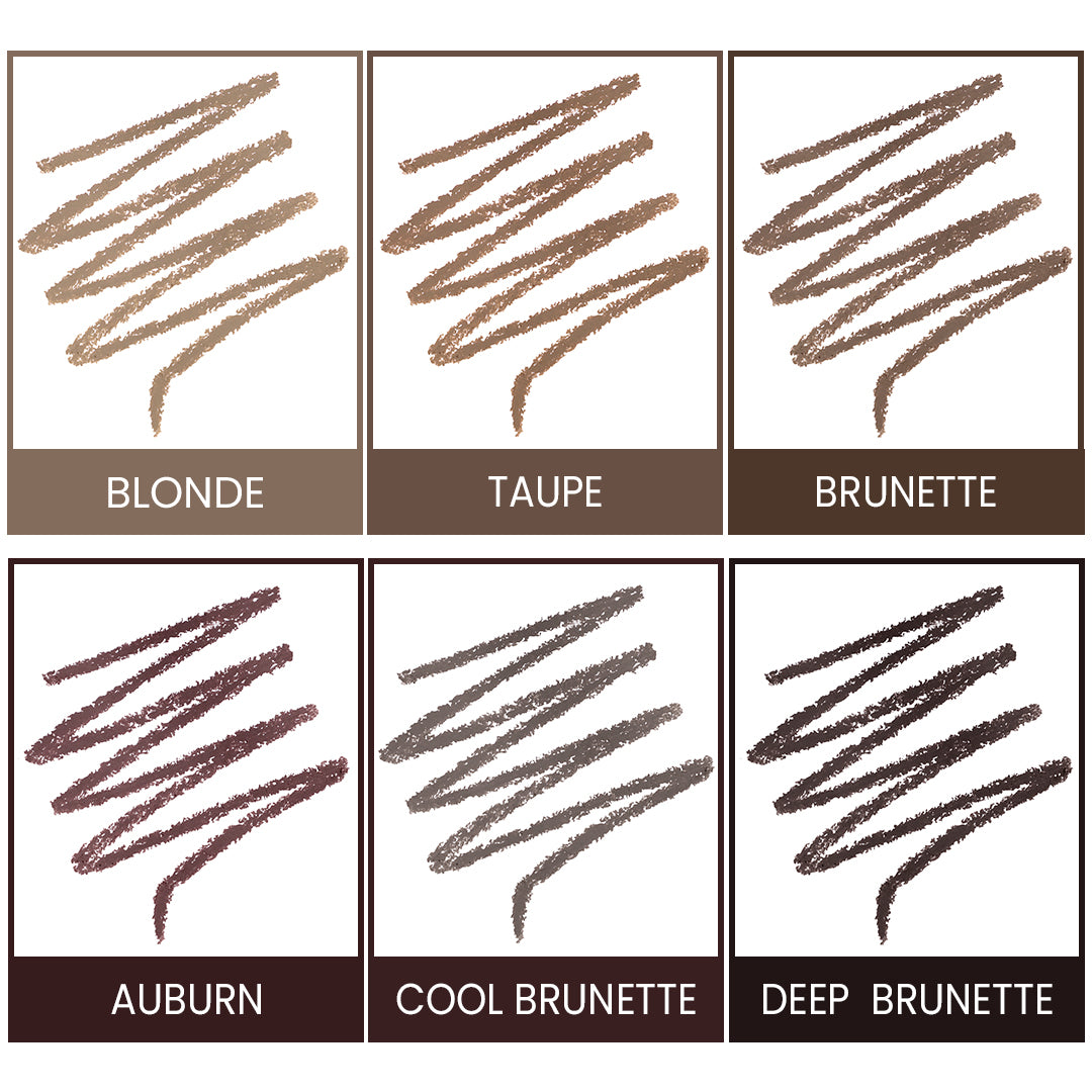 Color swatches for blonde, taupe, brunette, auburn, cool brunette, and deep brunette on a white background.
