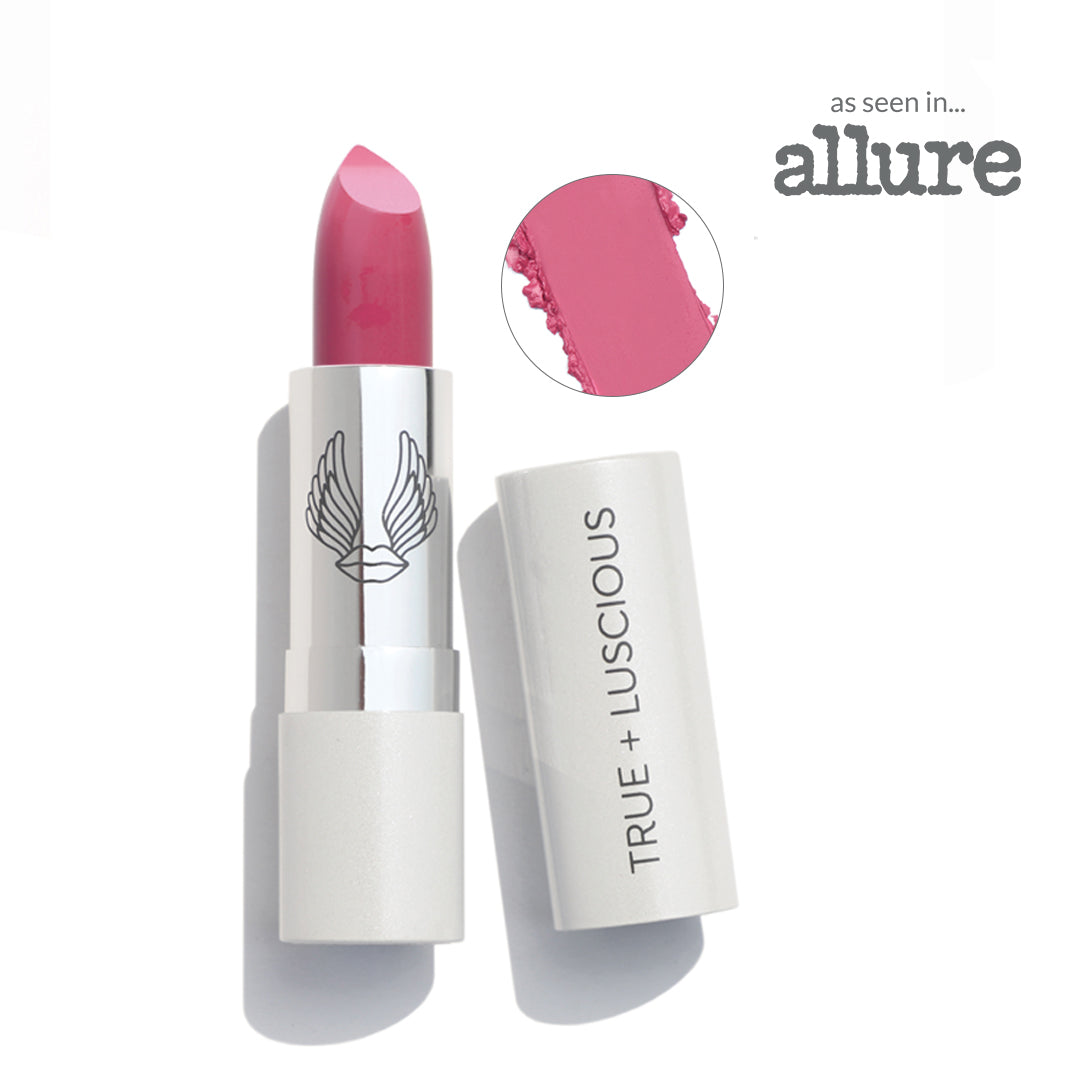 Pink lipstick with white casing labeled 'True + Luscious' on a white background, featuring 'Allure' branding.