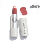 Lipstick with white casing and 'True + Luscious' branding, featuring a swatch on a white background.