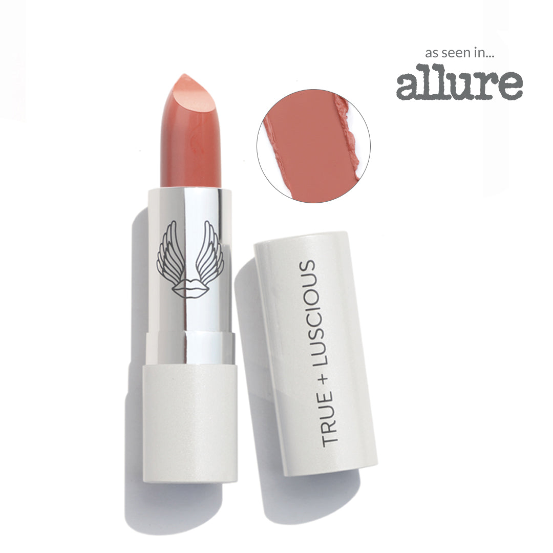 Lipstick with white casing and 'True + Luscious' branding, featuring a close-up of the lipstick color and 'Allure' logo.
