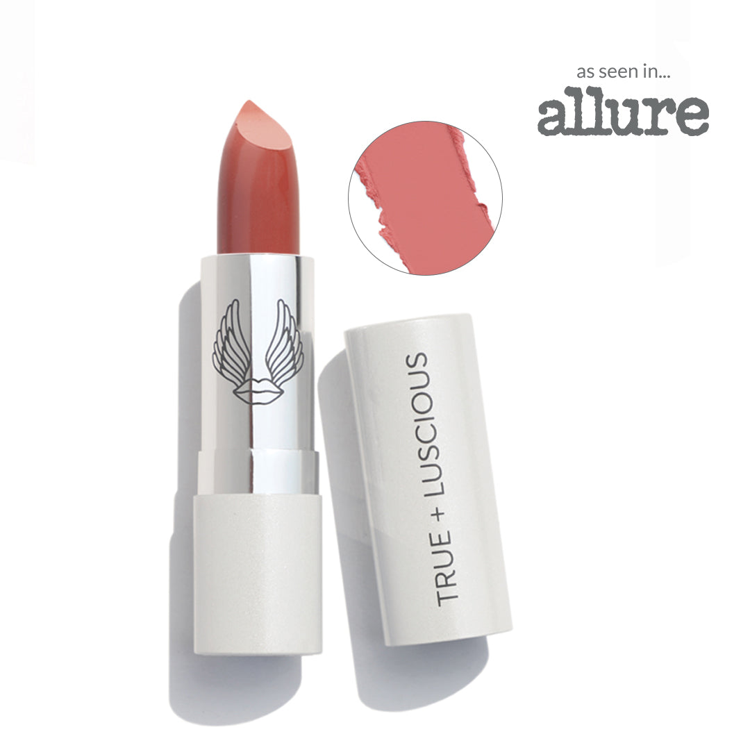 Lipstick with 'True + Luscious' branding and 'allure' endorsement on a white background