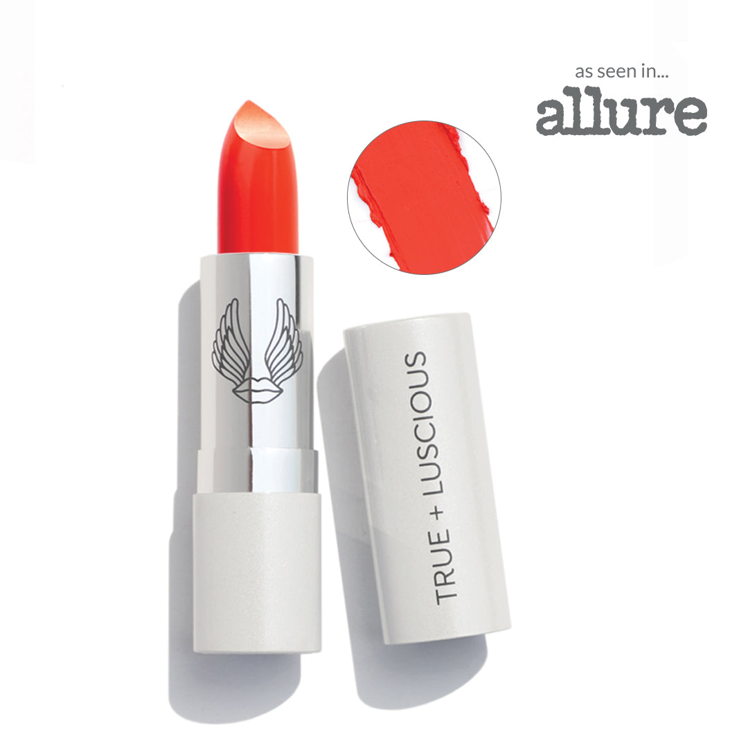 True + Luscious lipstick with red shade and 'as seen in Allure' text on a white background