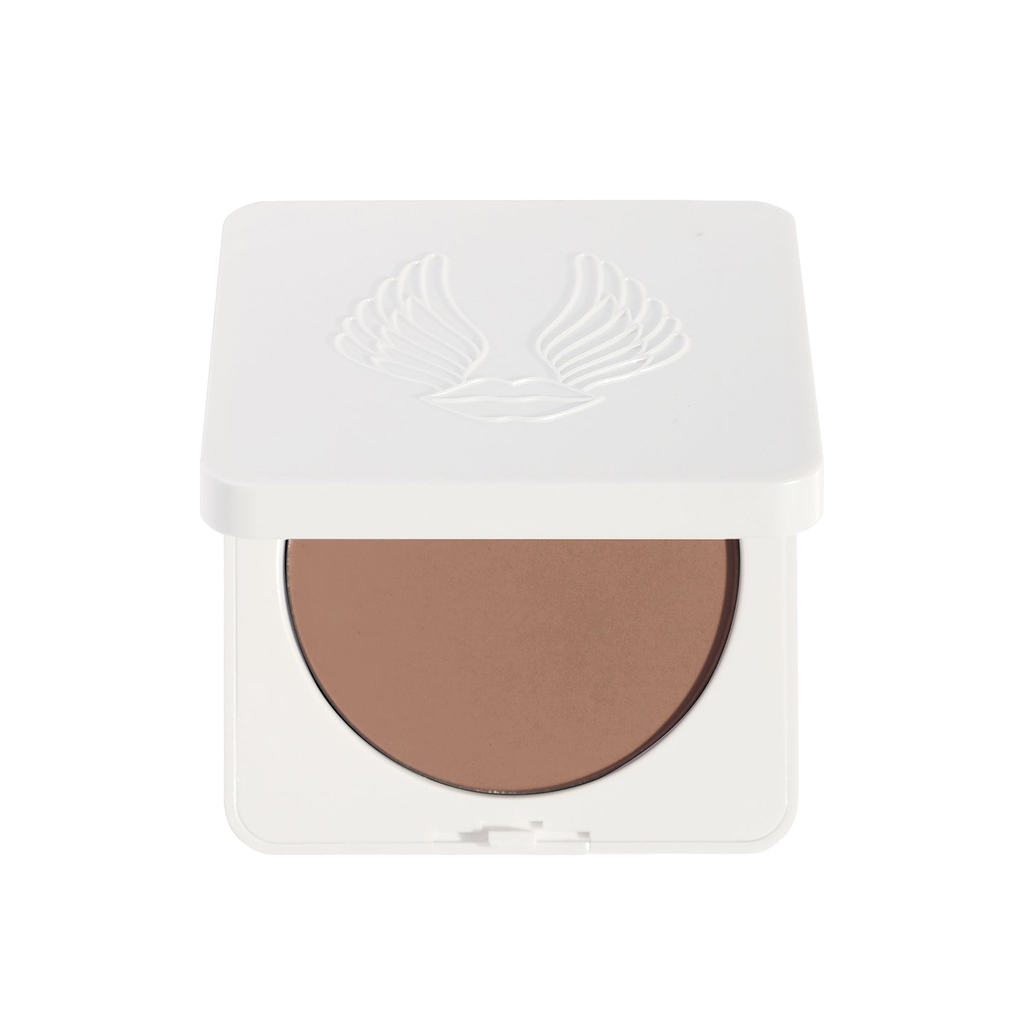 Compact brown powder in a white case on a white background