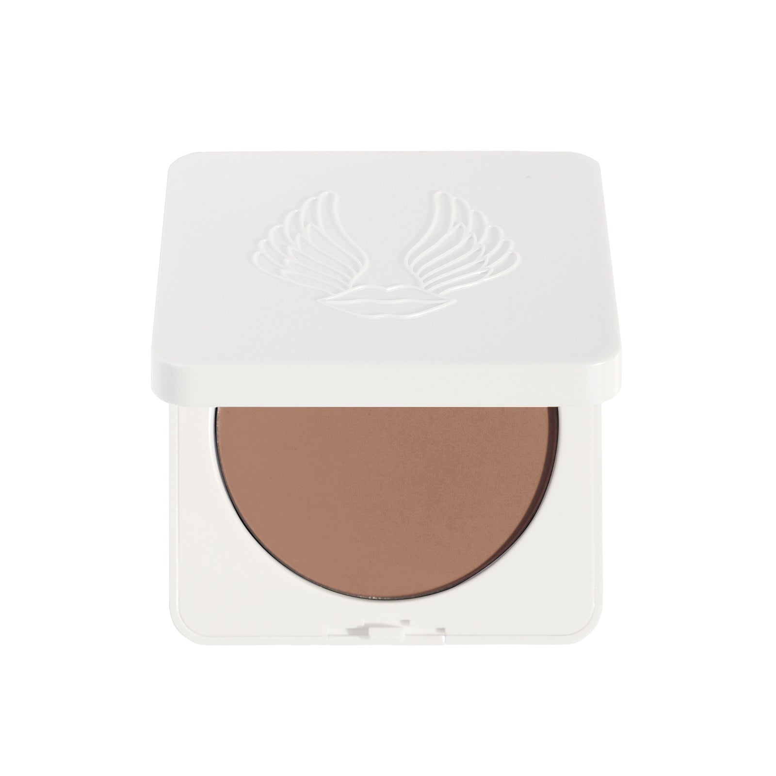 Compact brown powder in a white case on a white background