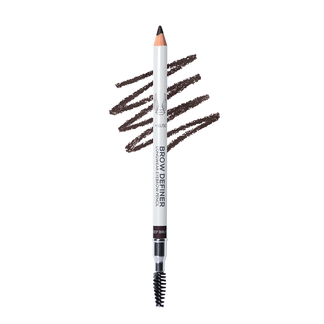 Eyebrow definer pencil with brown strokes on a white background