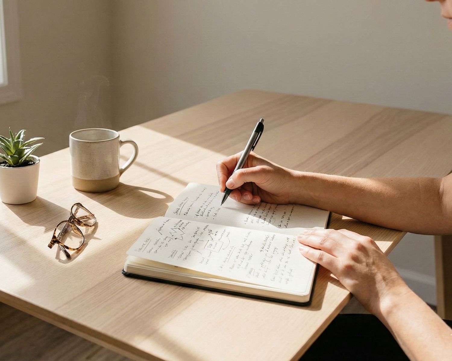 Hands journaling or planning at a clean table with sunlight. Represents clarity and control.