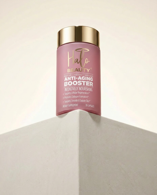 Halo Beauty Anti-Aging Booster supplement bottle on a light gray background
