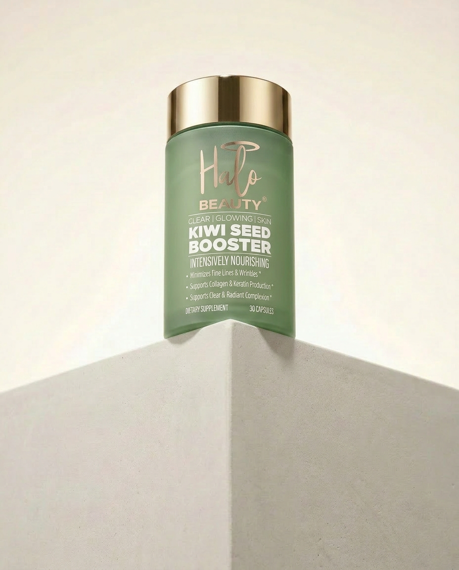 Green bottle of 'Hilo Beauty' Kiwi Seed Booster on a neutral background