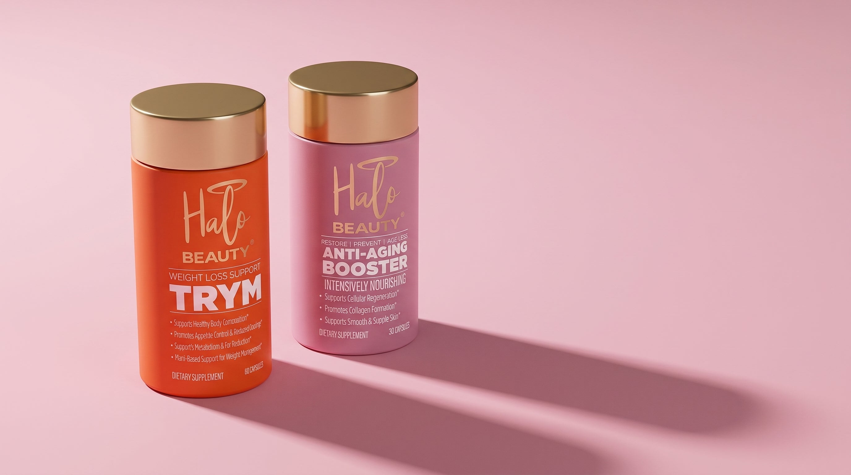 Two bottles of 'Half Beauty' products on a pink background