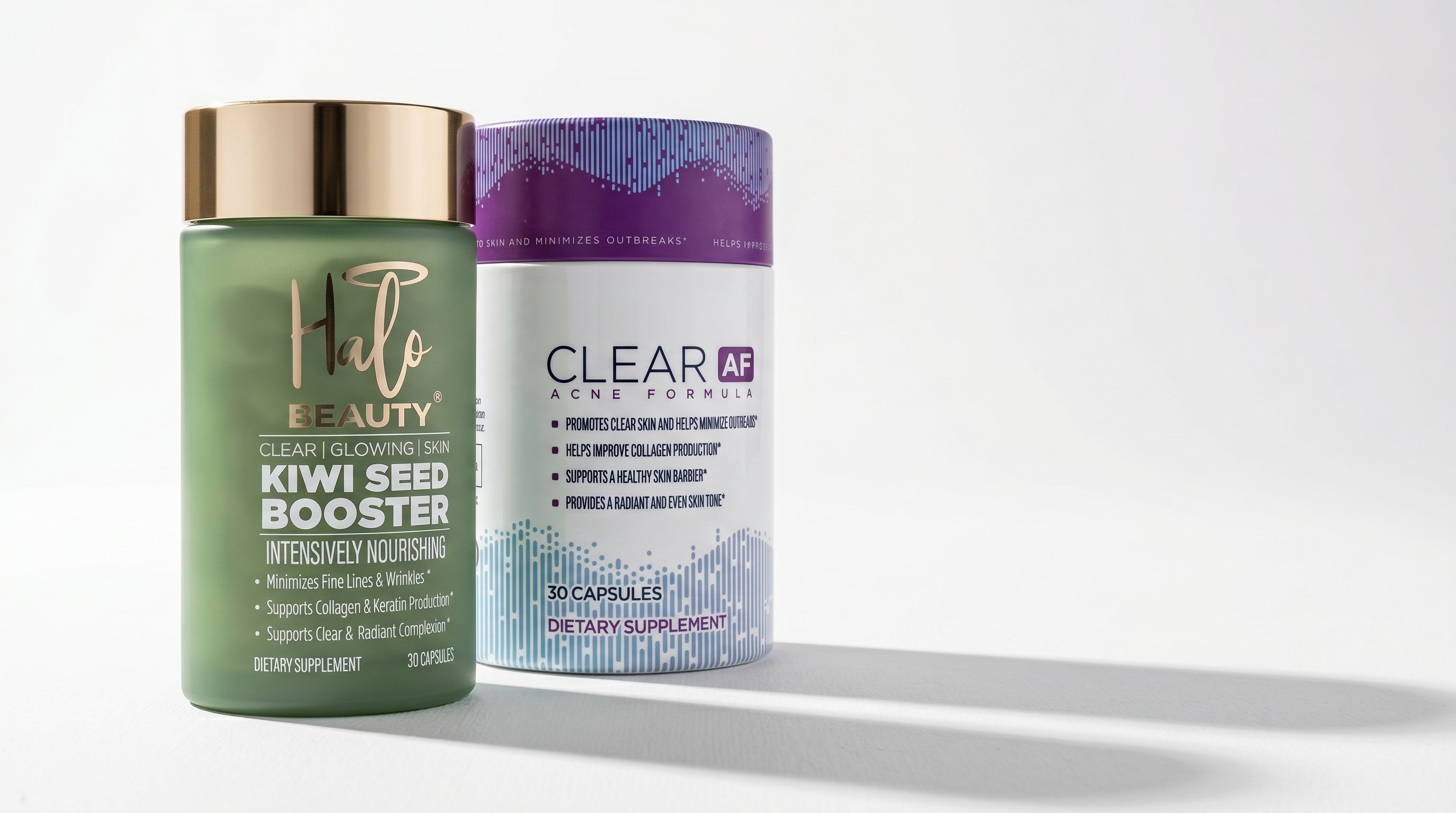Two supplement containers, one green and one purple, on a white background.