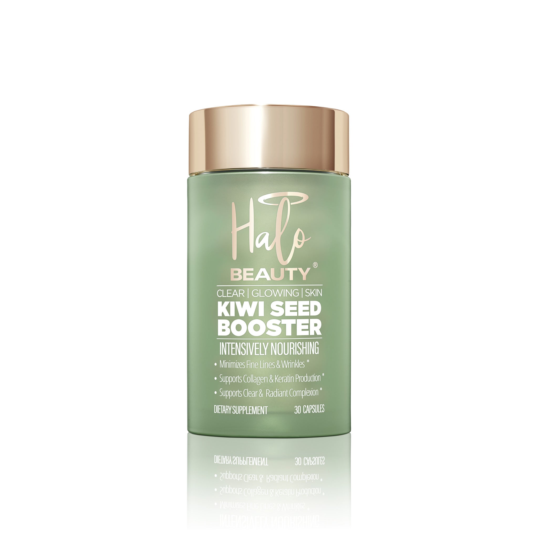 A bottle of Halo Beauty Kiwi Skin Booster supplement with a green label and a gold lid.