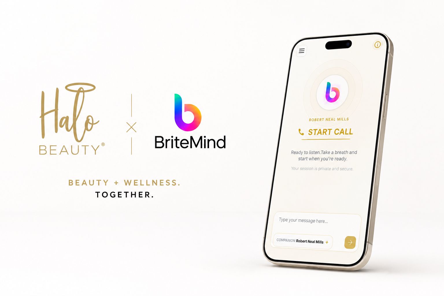 The Halo Beauty and BriteMind logos side by side under the line "beauty + wellness, together", beside a phone showing the BriteMind app ready to start a call.