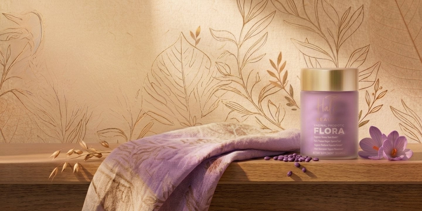 Halo Beauty Flora vaginal probiotic on a wood shelf with a lavender towel, loose capsules and crocus flowers.