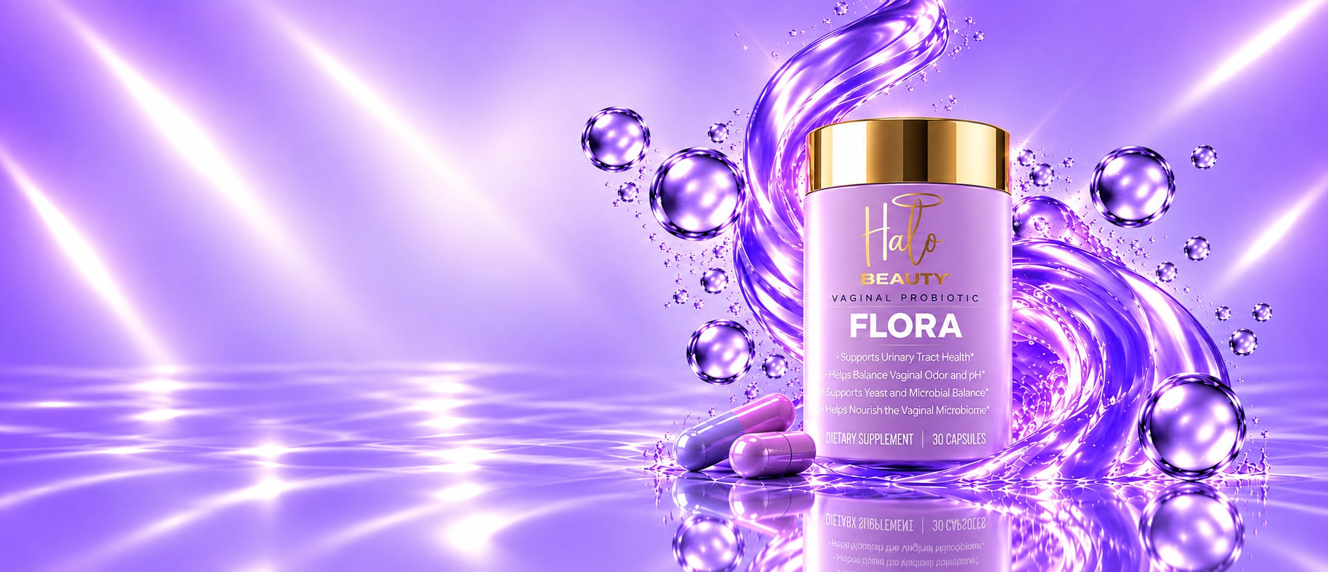 Halo Beauty Flora vaginal probiotic jar with two capsules, surrounded by a lavender liquid swirl and bubbles.