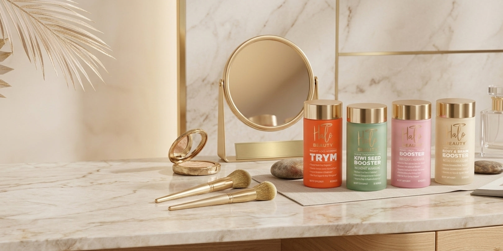 Halo Beauty TRYM, Kiwi Seed, Hair Skin & Nails and Body & Brain boosters on a marble vanity